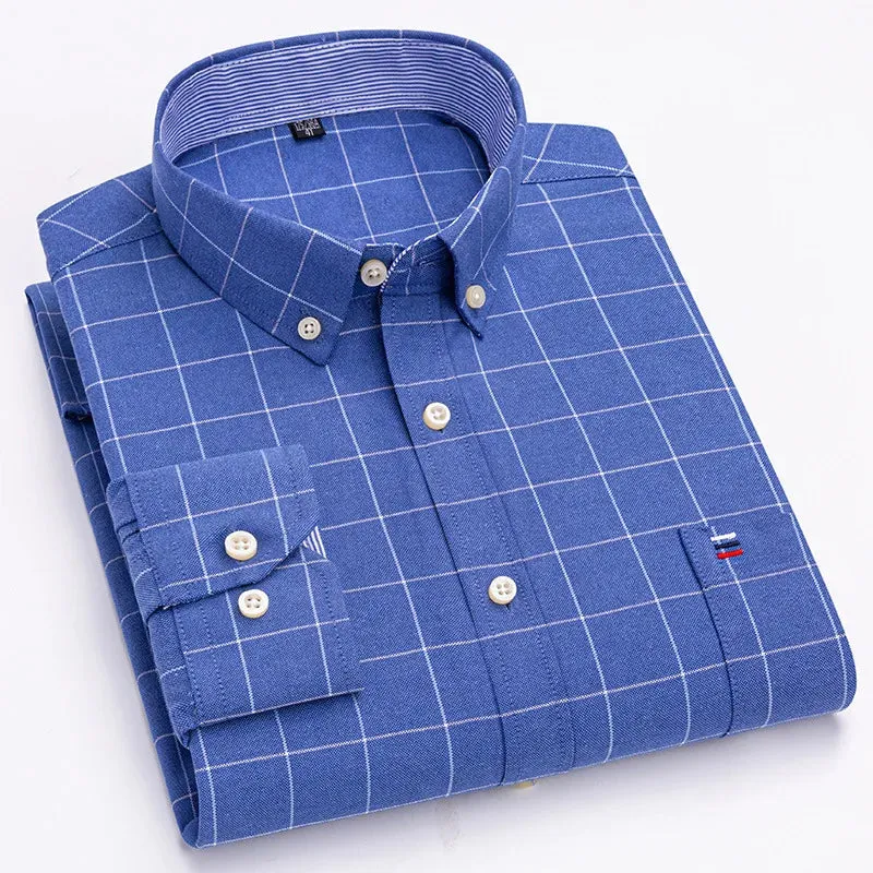 Men's Social Shirt Long Sleeve Pure Cotton Oxford Thin Soft Buttoned Plaid Formal Male Clothes Oversized Shirt Plus Size S~7XL