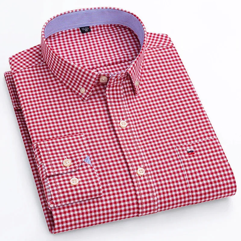 Men's Social Shirt Long Sleeve Pure Cotton Oxford Thin Soft Buttoned Plaid Formal Male Clothes Oversized Shirt Plus Size S~7XL