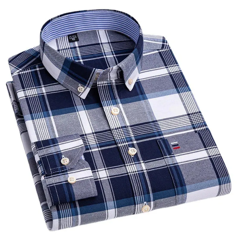 Men's Social Shirt Long Sleeve Pure Cotton Oxford Thin Soft Buttoned Plaid Formal Male Clothes Oversized Shirt Plus Size S~7XL