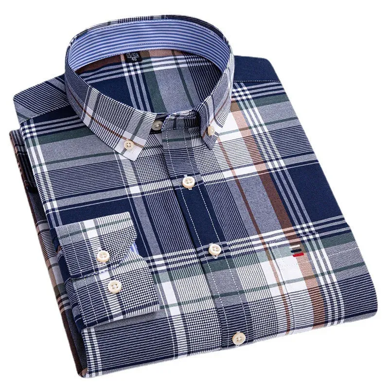 Men's Social Shirt Long Sleeve Pure Cotton Oxford Thin Soft Buttoned Plaid Formal Male Clothes Oversized Shirt Plus Size S~7XL