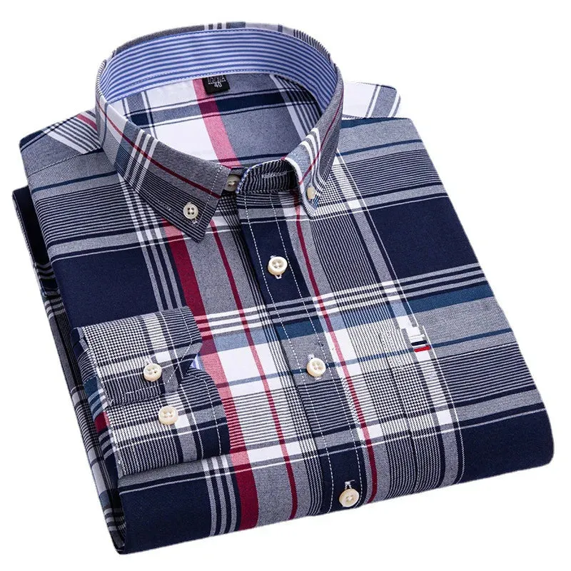 Men's Social Shirt Long Sleeve Pure Cotton Oxford Thin Soft Buttoned Plaid Formal Male Clothes Oversized Shirt Plus Size S~7XL