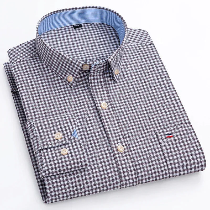 Men's Social Shirt Long Sleeve Pure Cotton Oxford Thin Soft Buttoned Plaid Formal Male Clothes Oversized Shirt Plus Size S~7XL
