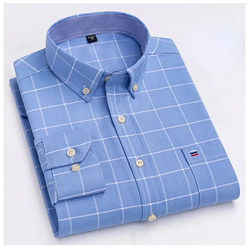 Men's Social Shirt Long Sleeve Pure Cotton Oxford Thin Soft Buttoned Plaid Formal Male Clothes Oversized Shirt Plus Size S~7XL