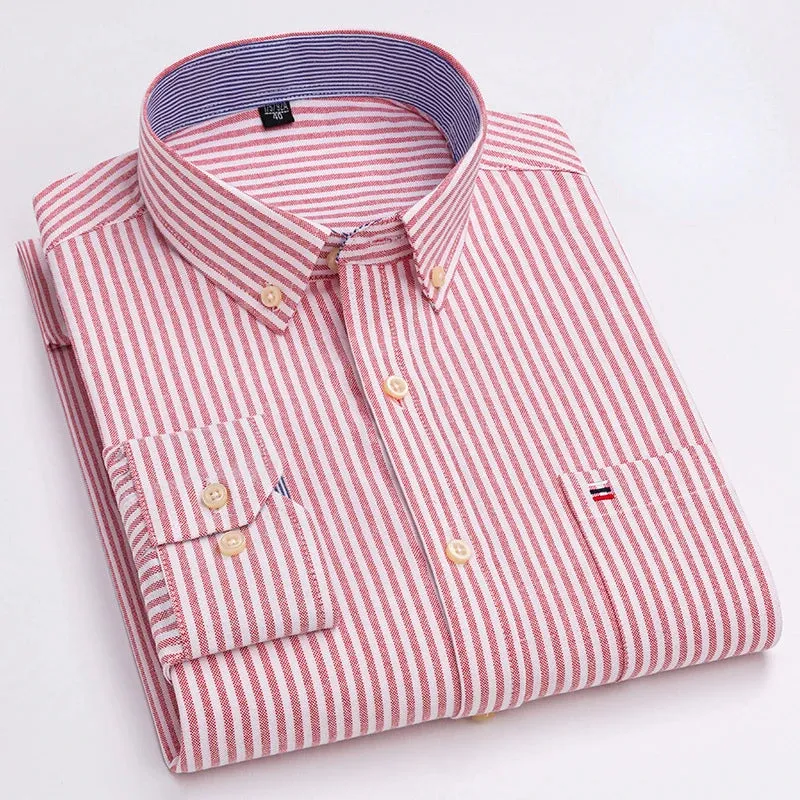 Men's Social Shirt Long Sleeve Pure Cotton Oxford Thin Soft Buttoned Plaid Formal Male Clothes Oversized Shirt Plus Size S~7XL