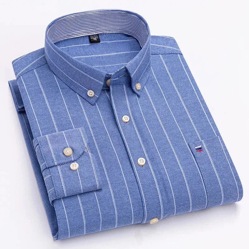 Men's Social Shirt Long Sleeve Pure Cotton Oxford Thin Soft Buttoned Plaid Formal Male Clothes Oversized Shirt Plus Size S~7XL