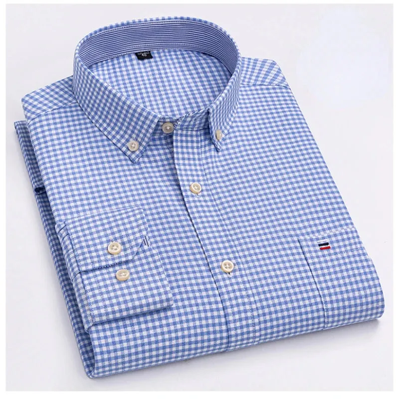 Men's Social Shirt Long Sleeve Pure Cotton Oxford Thin Soft Buttoned Plaid Formal Male Clothes Oversized Shirt Plus Size S~7XL