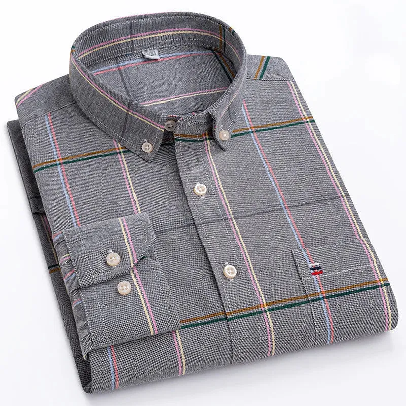 Men's Social Shirt Long Sleeve Pure Cotton Oxford Thin Soft Buttoned Plaid Formal Male Clothes Oversized Shirt Plus Size S~7XL