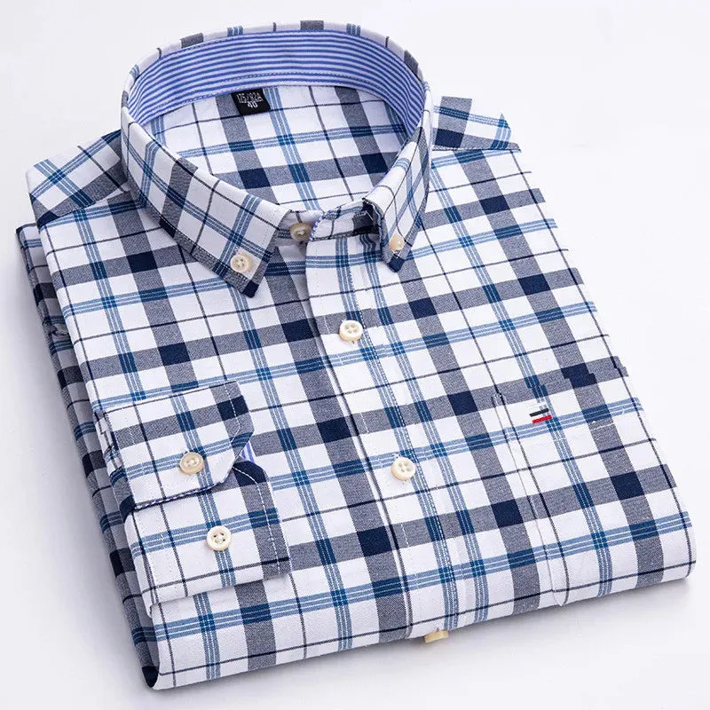 Men's Social Shirt Long Sleeve Pure Cotton Oxford Thin Soft Buttoned Plaid Formal Male Clothes Oversized Shirt Plus Size S~7XL