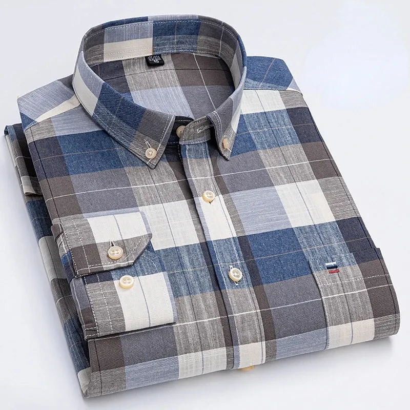 Men's Social Shirt Long Sleeve Pure Cotton Oxford Thin Soft Buttoned Plaid Formal Male Clothes Oversized Shirt Plus Size S~7XL