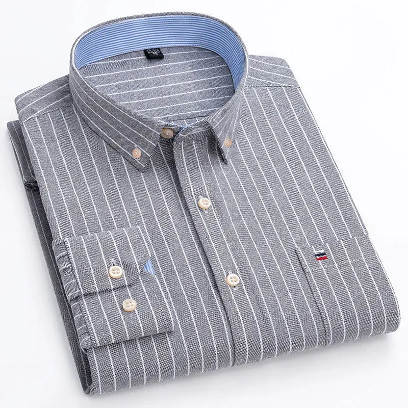 Men's Social Shirt Long Sleeve Pure Cotton Oxford Thin Soft Buttoned Plaid Formal Male Clothes Oversized Shirt Plus Size S~7XL