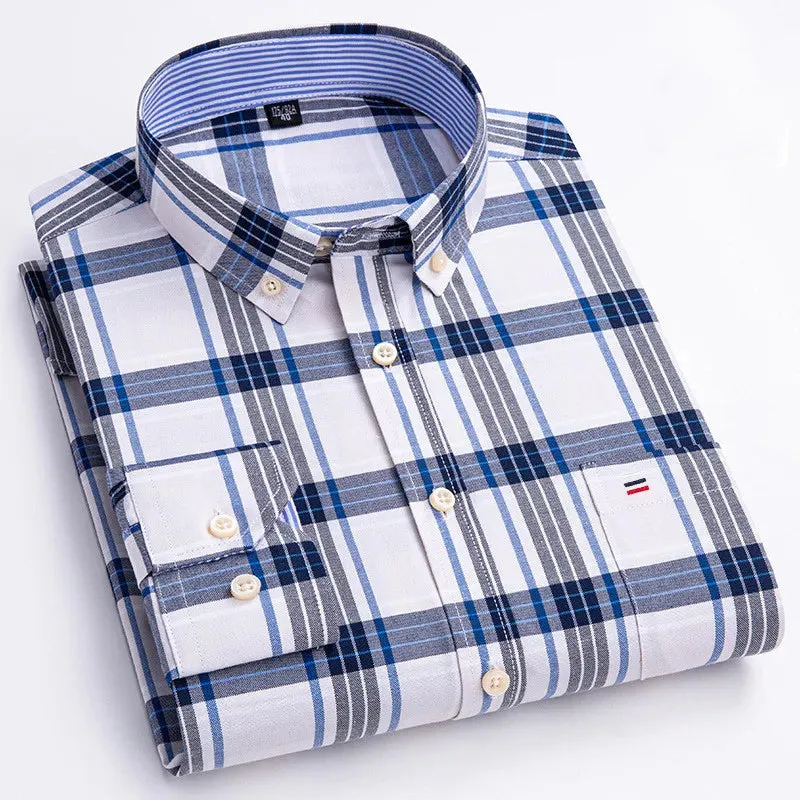Men's Social Shirt Long Sleeve Pure Cotton Oxford Thin Soft Buttoned Plaid Formal Male Clothes Oversized Shirt Plus Size S~7XL