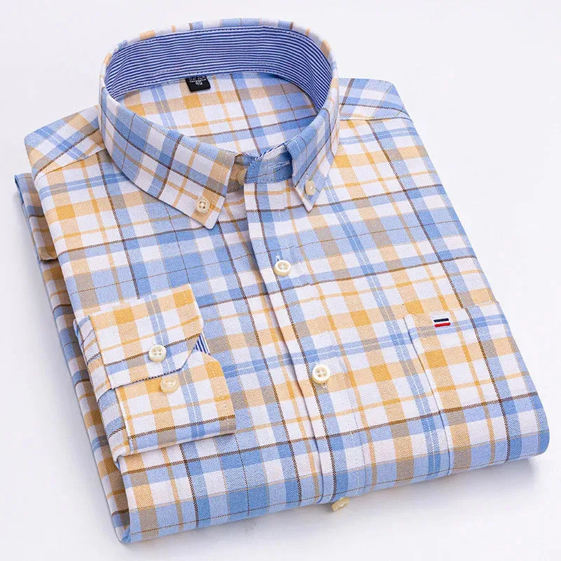 Men's Social Shirt Long Sleeve Pure Cotton Oxford Thin Soft Buttoned Plaid Formal Male Clothes Oversized Shirt Plus Size S~7XL
