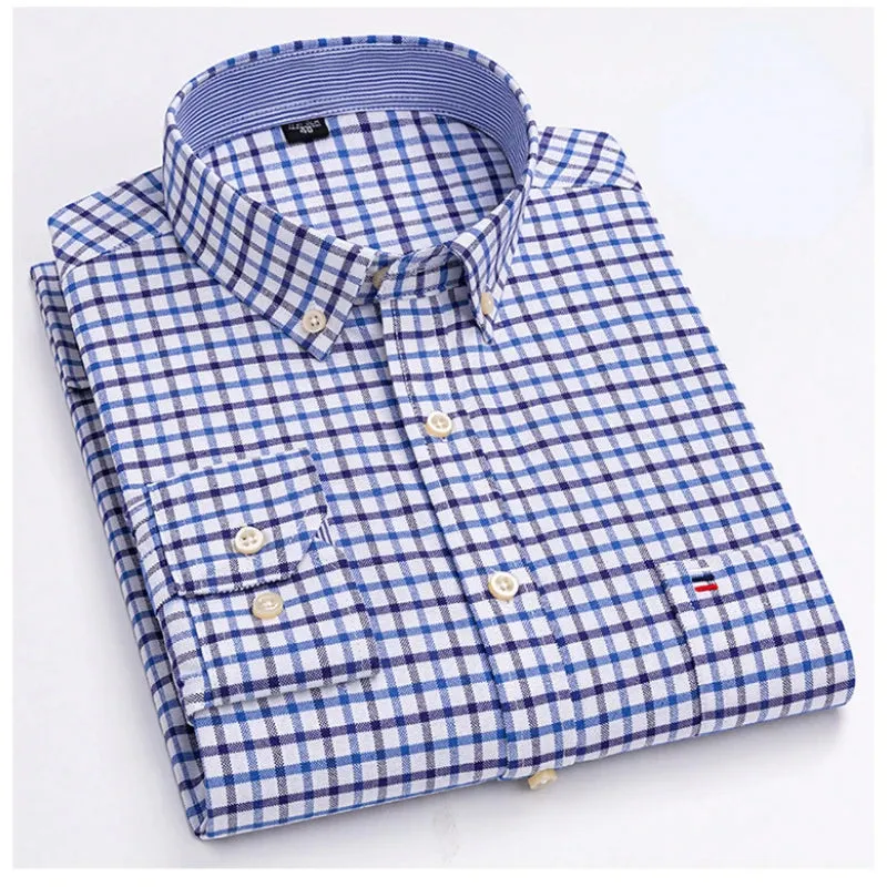Men's Social Shirt Long Sleeve Pure Cotton Oxford Thin Soft Buttoned Plaid Formal Male Clothes Oversized Shirt Plus Size S~7XL