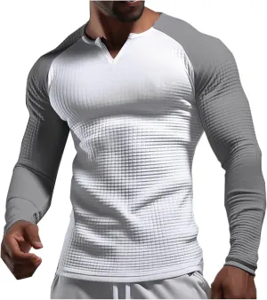 Mens Waffle Knit Shirts Long Sleeve Color Block Tops Casual Muscle Fit Henley T-shirt Lightweight Quick Dry Tee Top