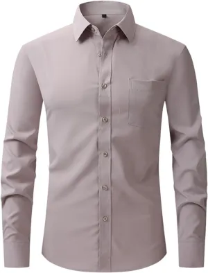 Men's Wrinkle Free Cotton Shirts Long Sleeve Button Down Blouses Stretch Business Casual Shirt Solid Lapel Outfits