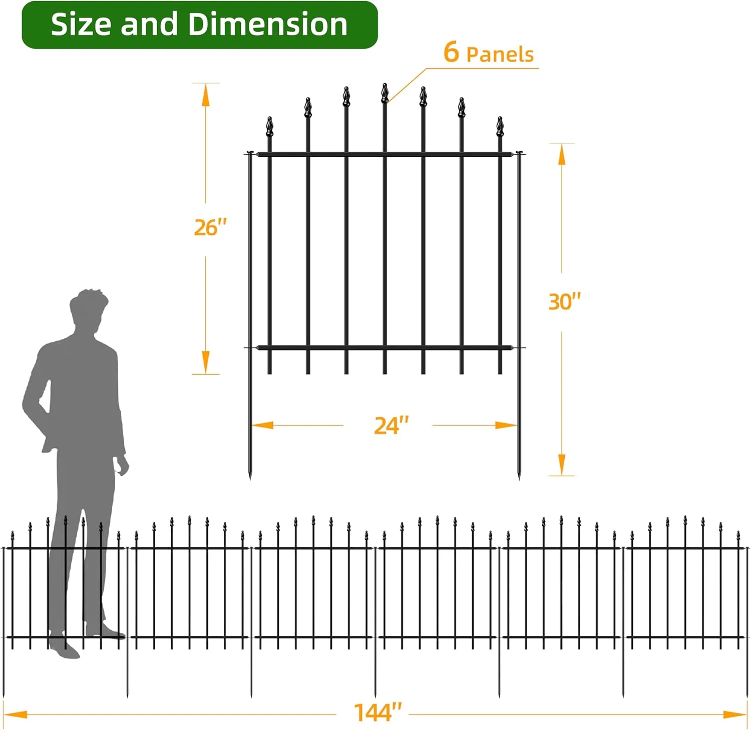 Metal Garden Fence 26 in H x 12 ft L, 6 Panels   7 Stakes Border Dog Fence Panels Animal Barrier, No Dig Garden Fencing for Yard Patio Flower Bed Lawn Outdoor, Arch Black