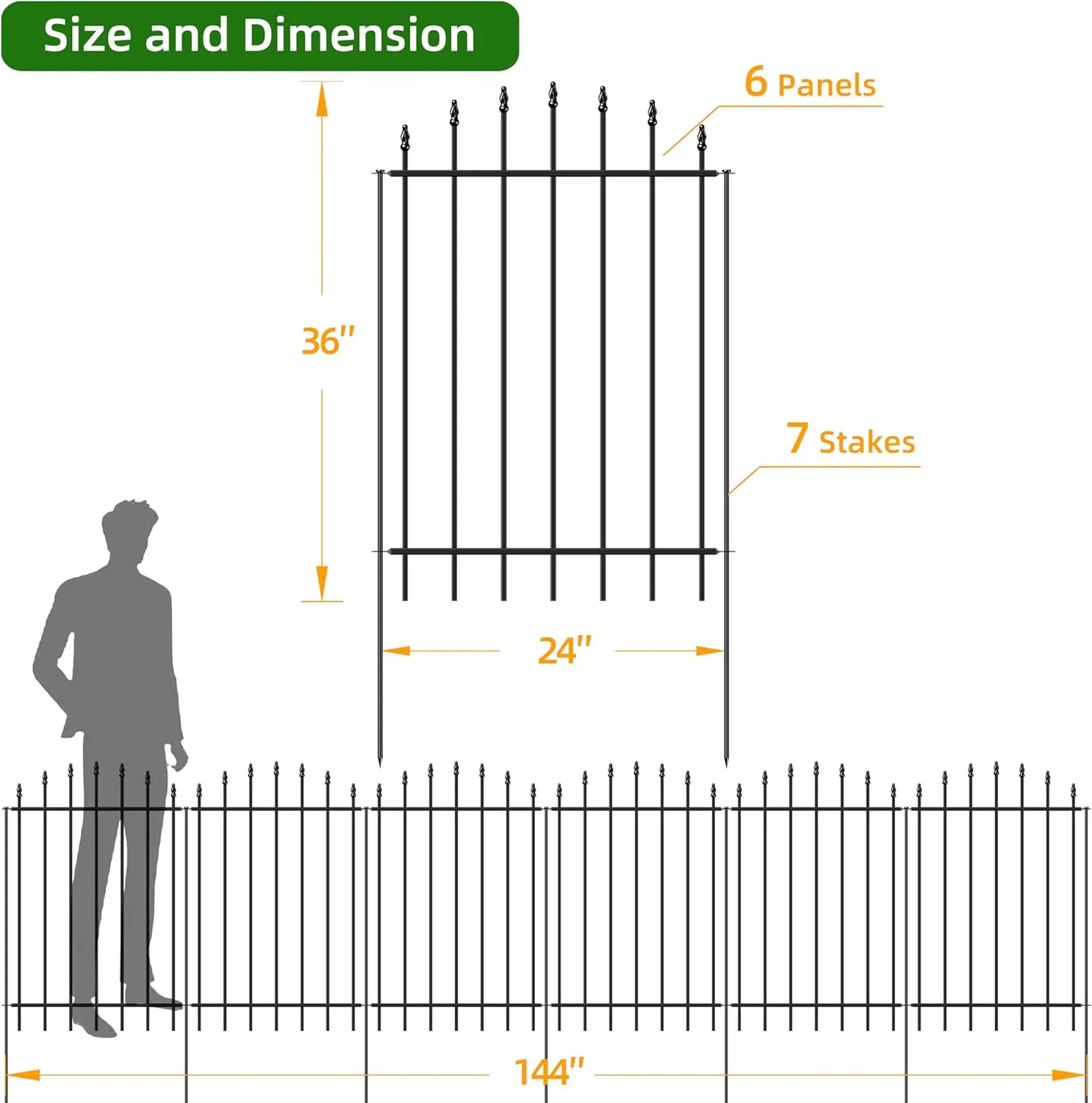 Metal Garden Fence 36 in H x 12 ft L, 6 Panels   7 Stakes Border Dog Fence Panels Animal Barrier, No Dig Garden Fencing for Yard Patio Flower Bed Lawn Outdoor, Arch Black