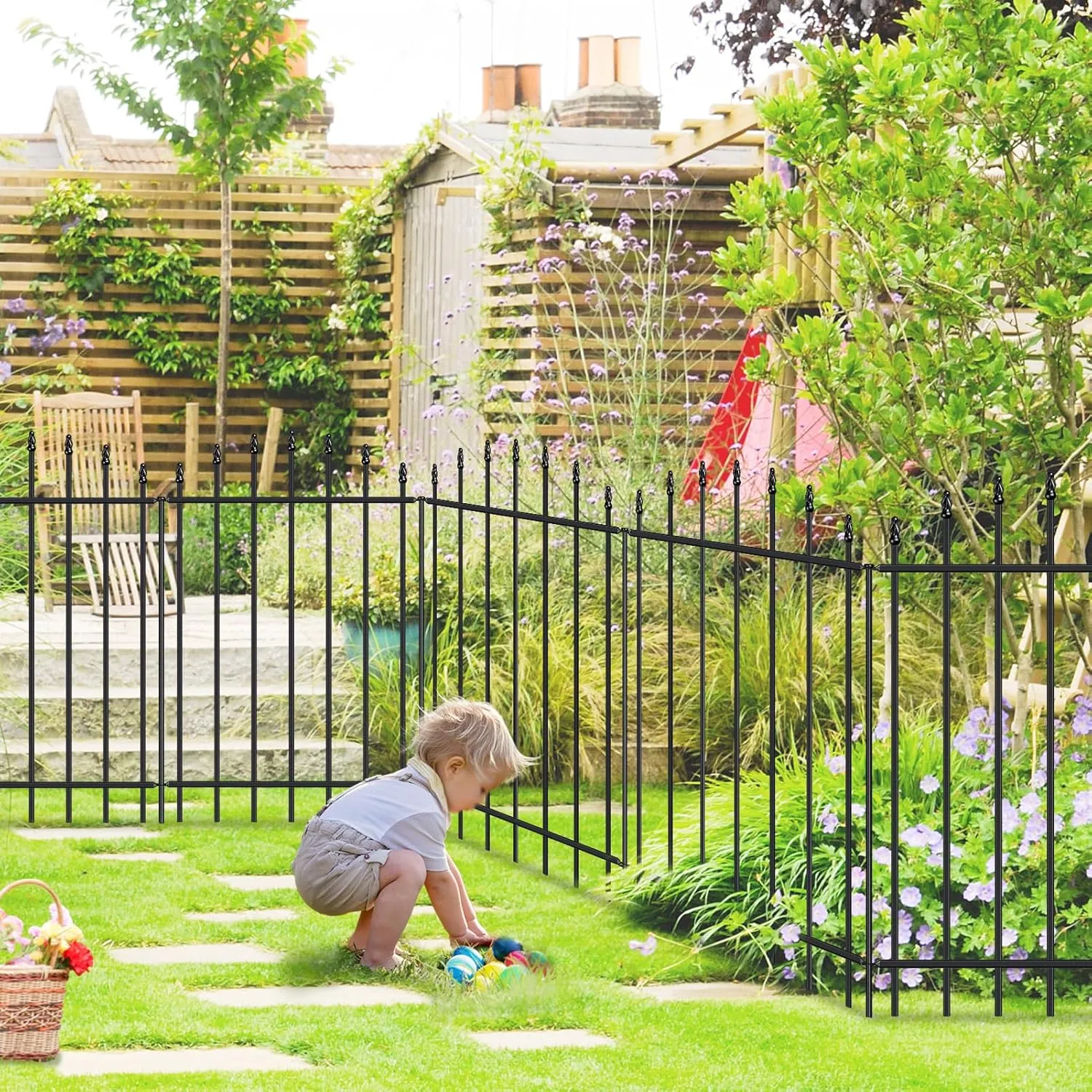 Metal Garden Fence 36 in H x 12 ft L, 6 Panels   7 Stakes Border Dog Fence Panels Animal Barrier, No Dig Garden Fencing for Yard Patio Flower Bed Lawn Outdoor, Arch Black