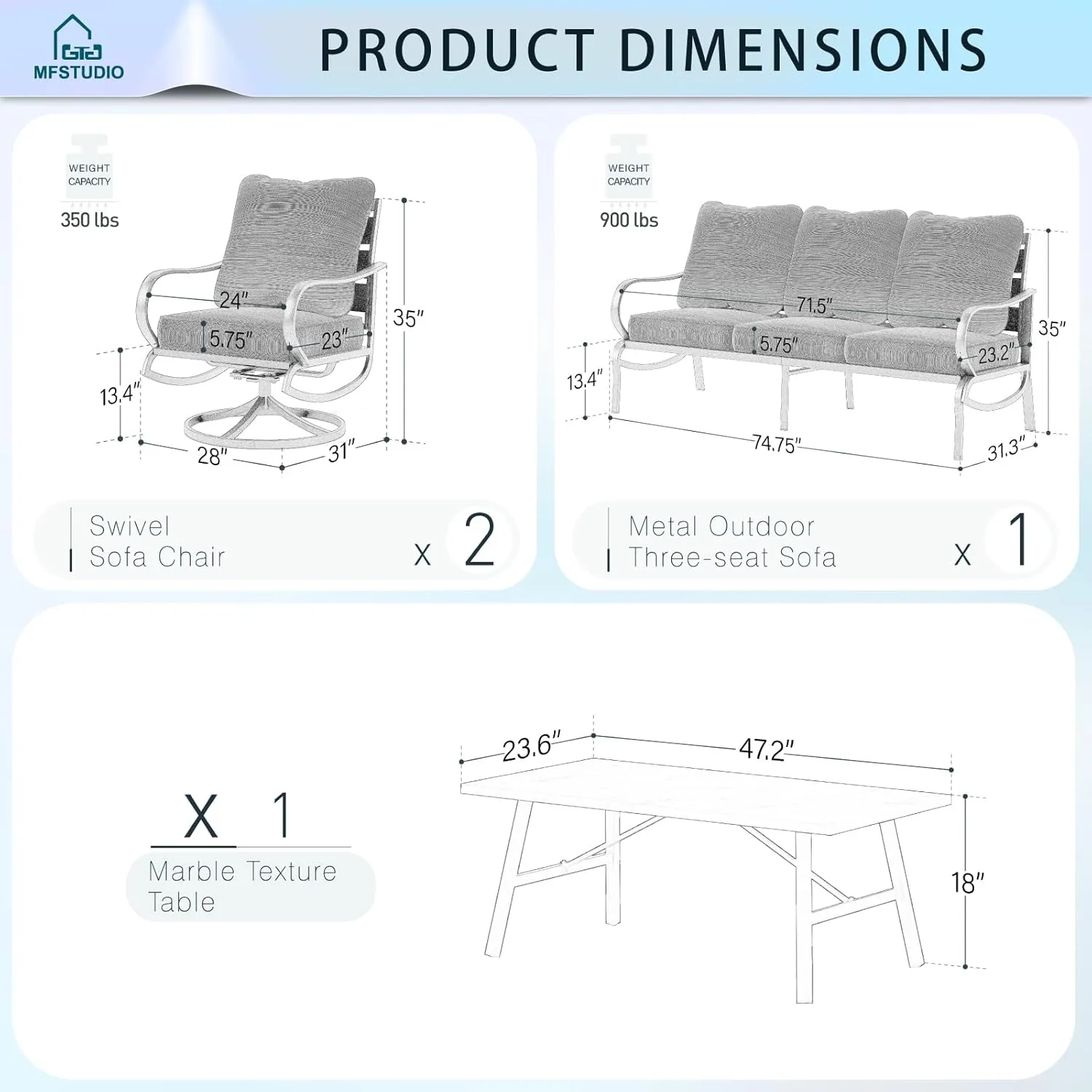 MFSTUDIO 4 Pieces Patio Conversation Sets(5 Seat), Outdoor Metal Furniture Sofa Set with 1 Loveseat(3 Seat), 2 Swivel Chairs, 1 Coffee Table, Steel Frame Patio Set with Burgundy Red Cushion for Patio