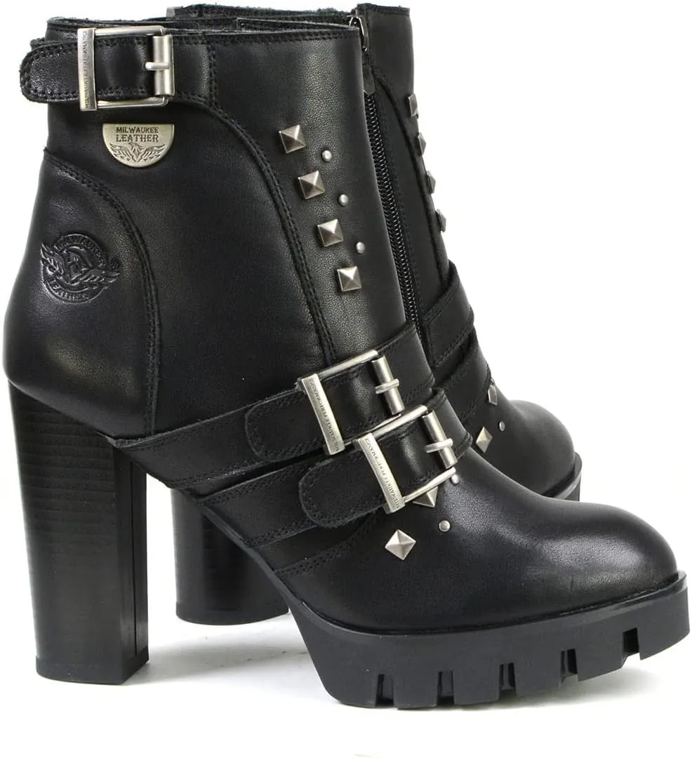 Milwaukee Leather MBL9456 Women's Premium Black Leather Fashion Platform Boots with Straps - 7