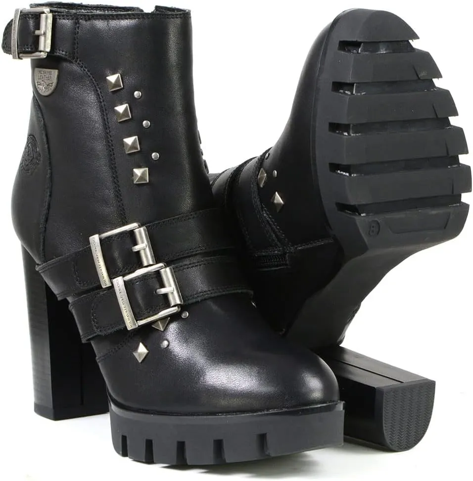 Milwaukee Leather MBL9456 Women's Premium Black Leather Fashion Platform Boots with Straps - 7