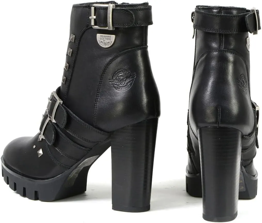 Milwaukee Leather MBL9456 Women's Premium Black Leather Fashion Platform Boots with Straps - 7