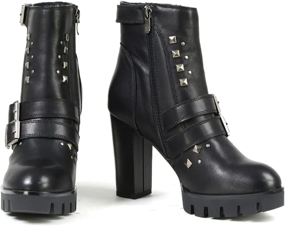 Milwaukee Leather MBL9456 Women's Premium Black Leather Fashion Platform Boots with Straps - 7