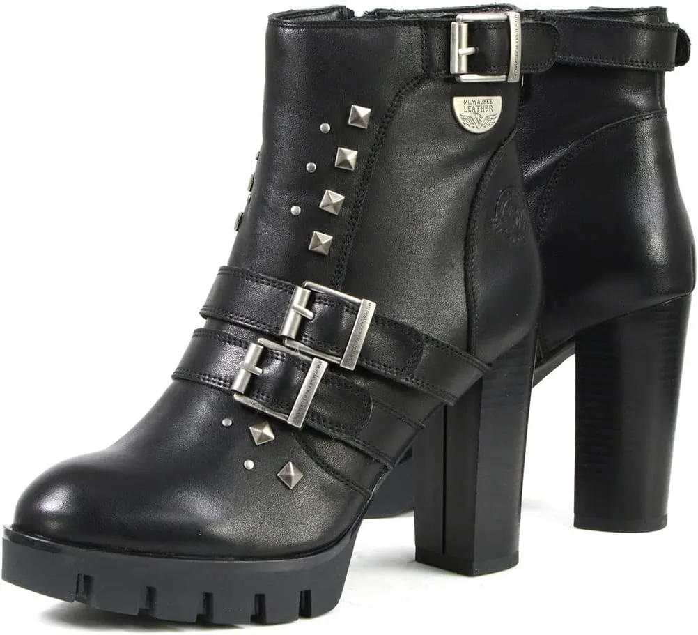 Milwaukee Leather MBL9456 Women's Premium Black Leather Fashion Platform Boots with Straps - 7