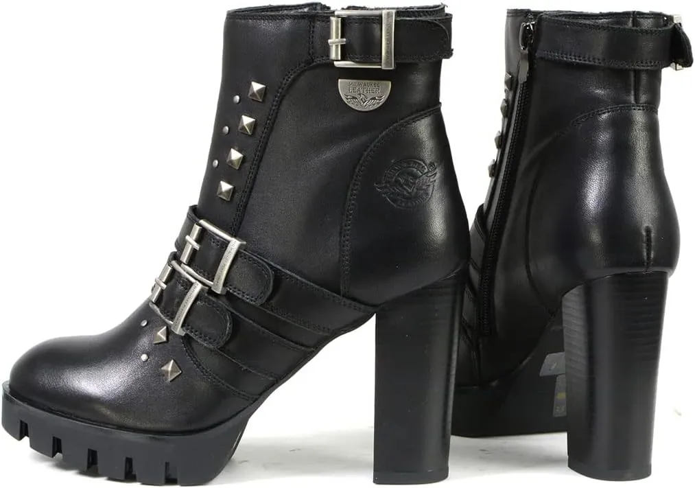 Milwaukee Leather MBL9456 Women's Premium Black Leather Fashion Platform Boots with Straps - 7