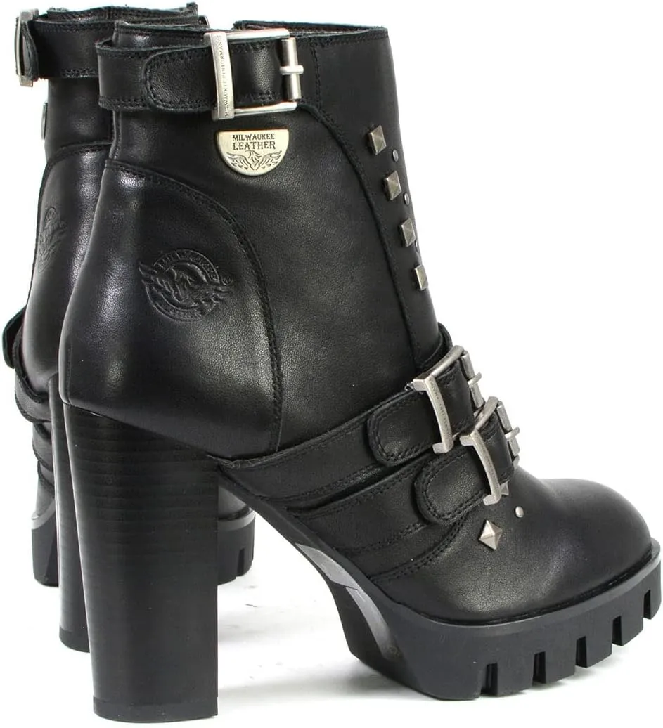 Milwaukee Leather MBL9456 Women's Premium Black Leather Fashion Platform Boots with Straps - 7