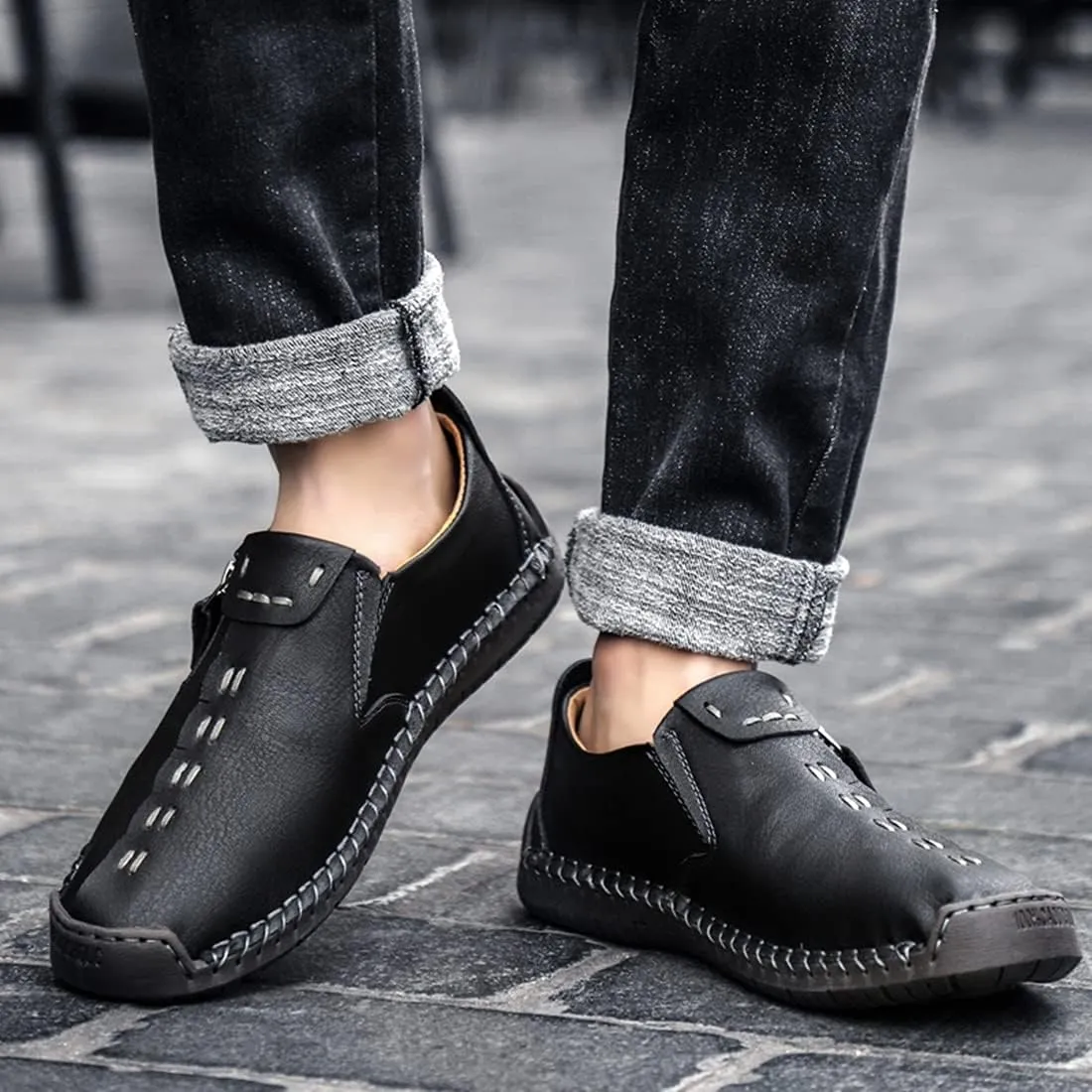 Minishion Anti Slip Shoes Men Zip Stitched Casual Slip ons 2102#