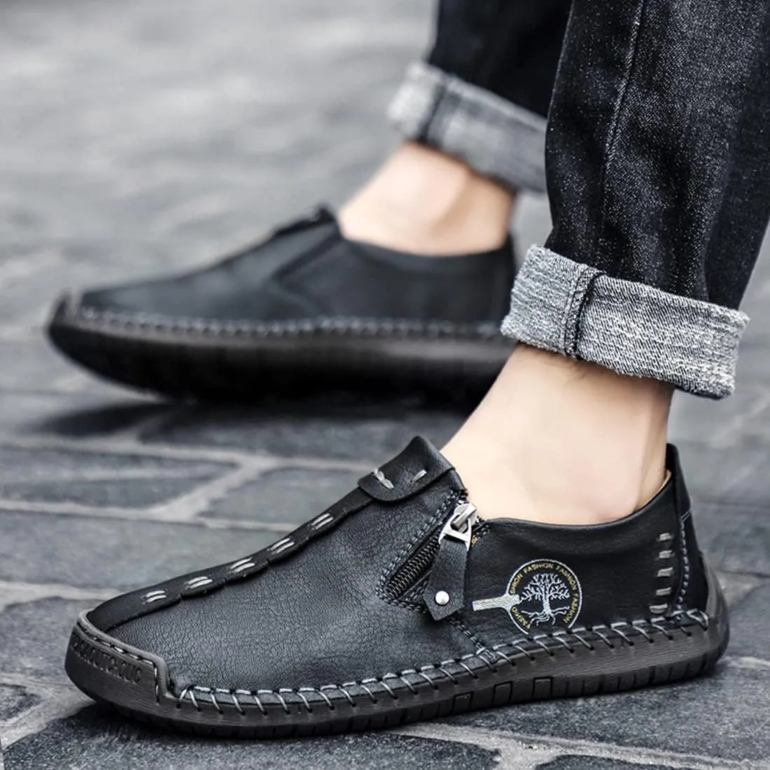Minishion Anti Slip Shoes Men Zip Stitched Casual Slip ons 2102#