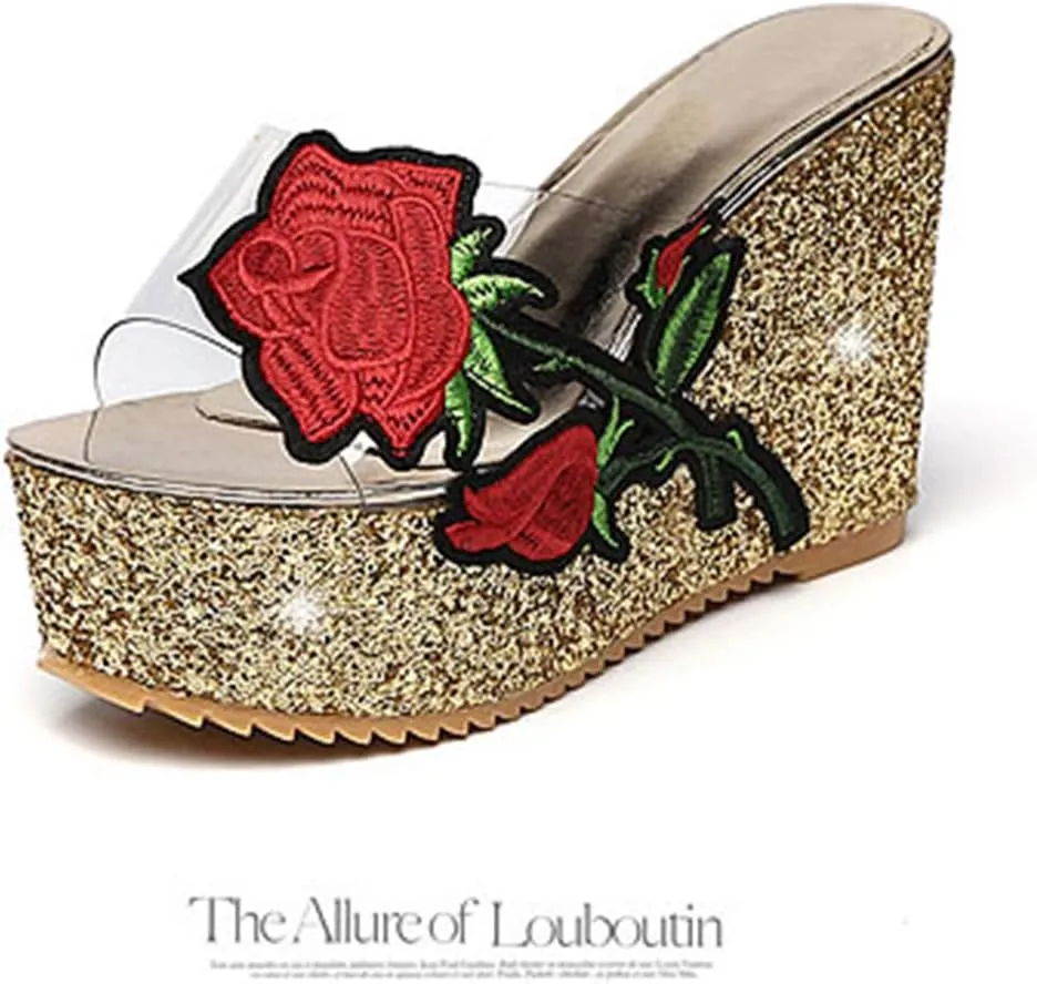 MIOKE Women's Glitter Sequins Wedge Platform Sandals Clear Flower Open Toe Slip On Thick High Heel Sandal