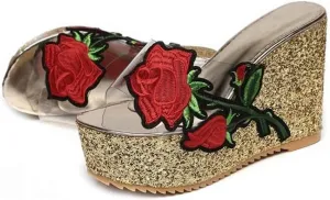 MIOKE Women's Glitter Sequins Wedge Platform Sandals Clear Flower Open Toe Slip On Thick High Heel Sandal