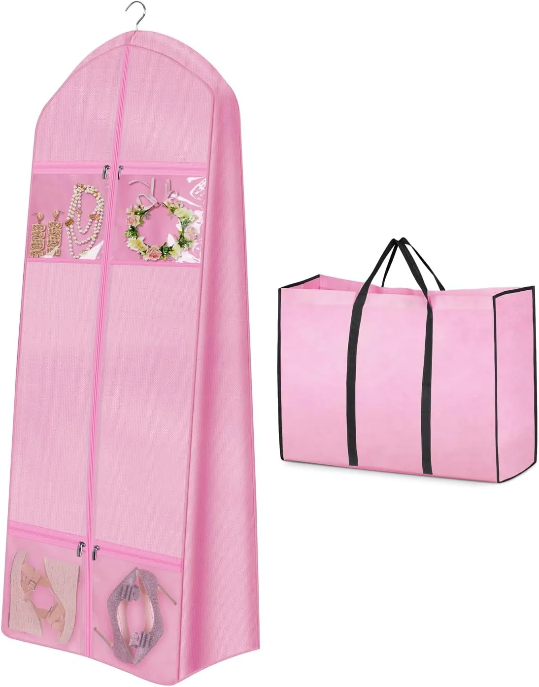 MISSLO Portable 65" Wedding Dress Garment Bag with Bride Tote Bag 8'' Gusseted Dress Bags for Gowns Long 4 Pockets Dress Cover for Women, Pink