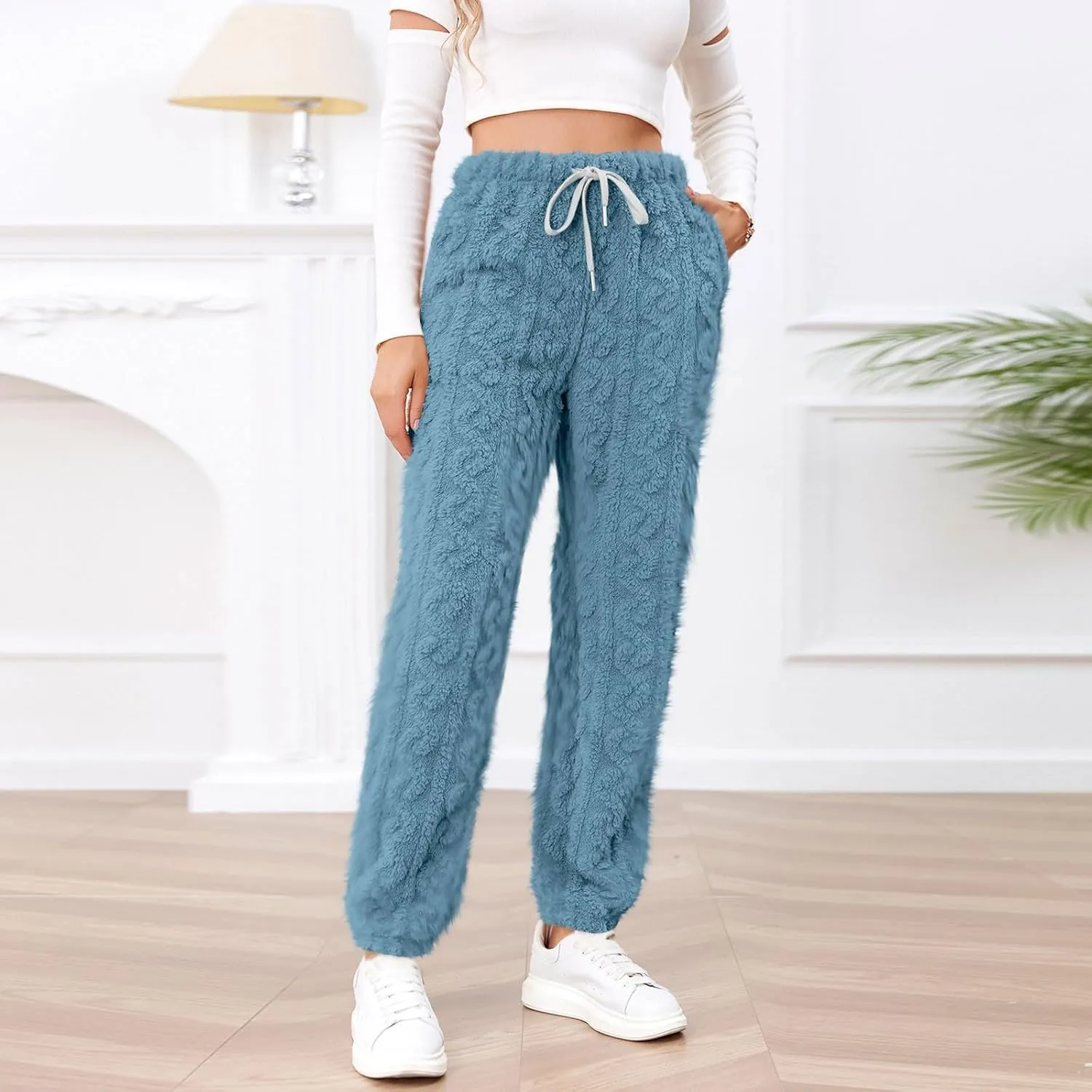 Miyaomn Winter Sherpa Fleece Joggers for Women Sweatpants Drawstring Lounge Trousers Cozy Warm Soft Sleep Pants with Pockets