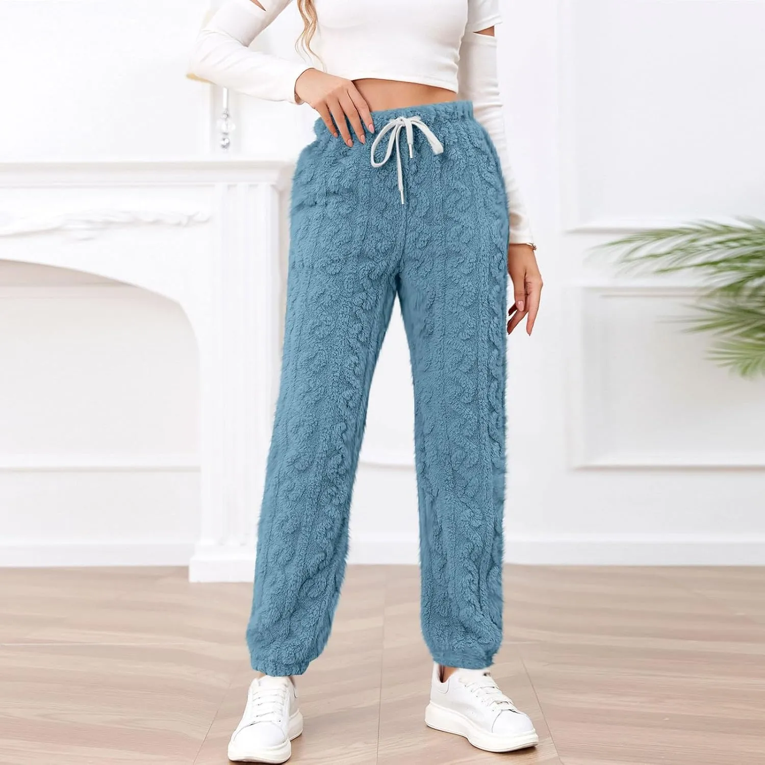 Miyaomn Winter Sherpa Fleece Joggers for Women Sweatpants Drawstring Lounge Trousers Cozy Warm Soft Sleep Pants with Pockets