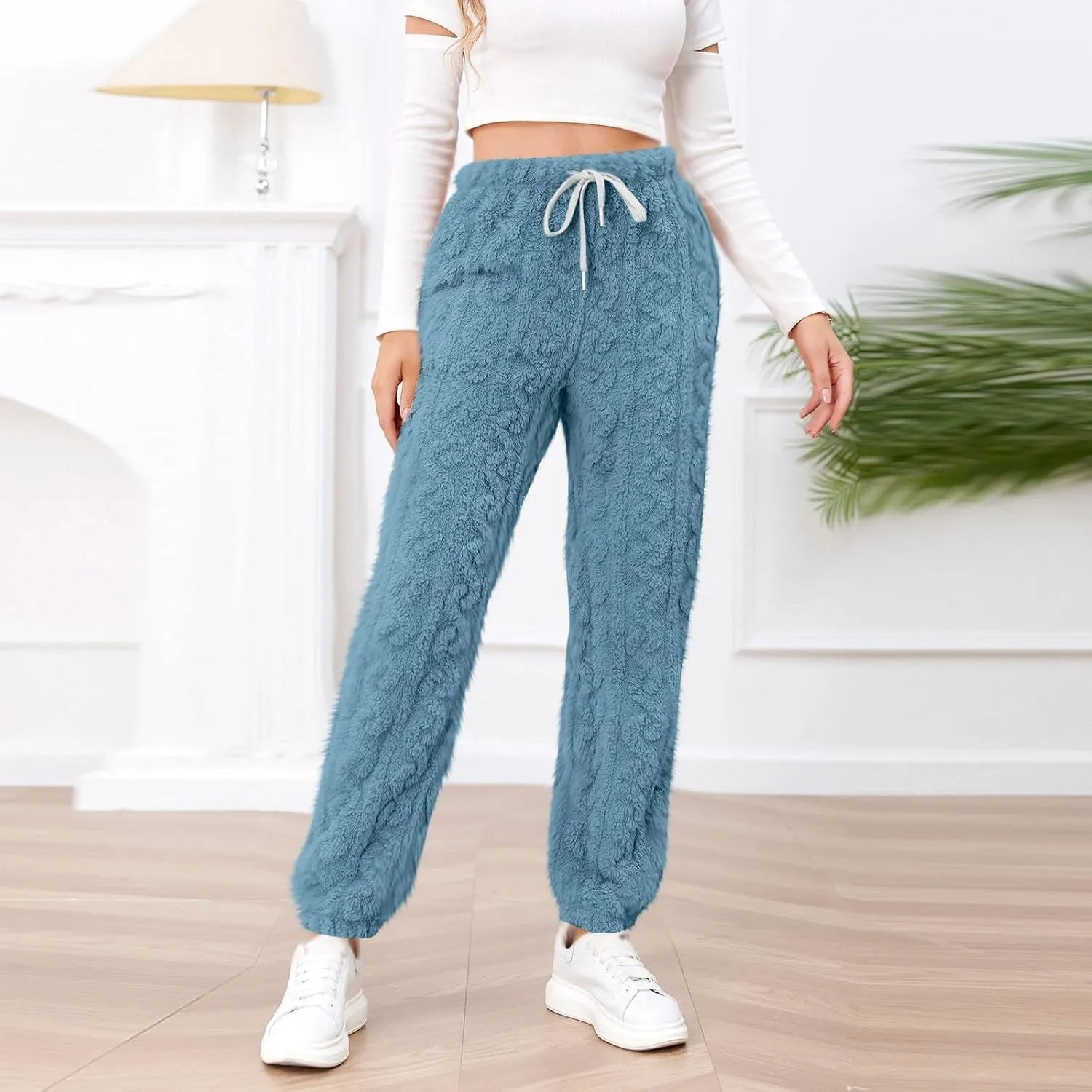 Miyaomn Winter Sherpa Fleece Joggers for Women Sweatpants Drawstring Lounge Trousers Cozy Warm Soft Sleep Pants with Pockets