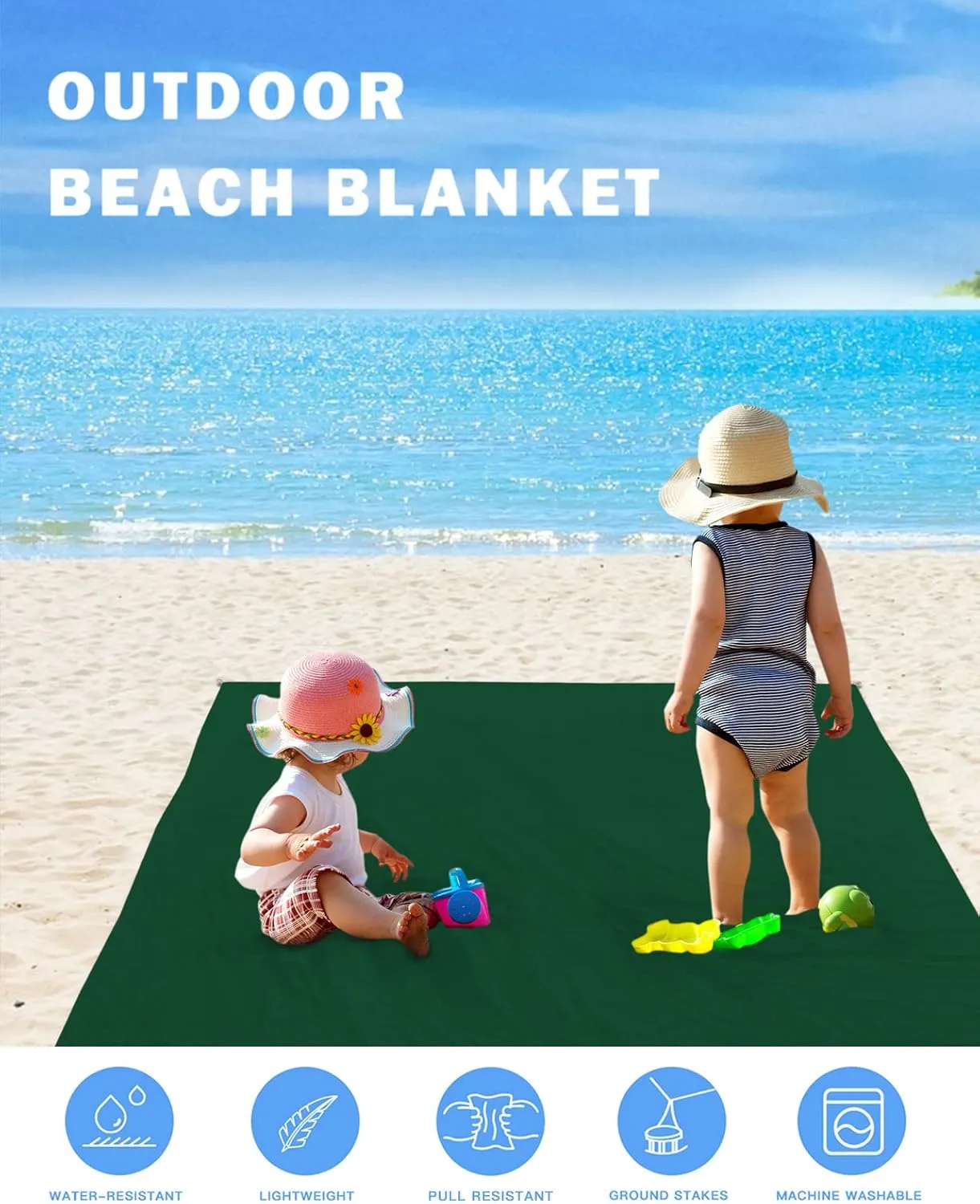 Modern Minimalism Hunter Green Beach Blanket Extra Large 118x108in Outdoor Waterproof Sandproof Picnic Blankets with Stakes Lightweight Beach Mat for Camping Travel Hiking,St Patricks Olive Green