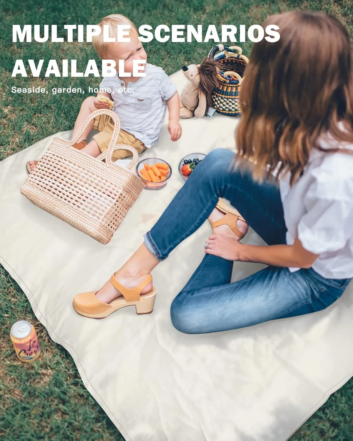 Modern Minimalism Pure Beige Beach Blanket Extra Large 118x108in Outdoor Waterproof Sandproof Picnic Blankets with Stakes Lightweight Beach Mat for Camping Travel Hiking,Cracker Khaki Solid Color