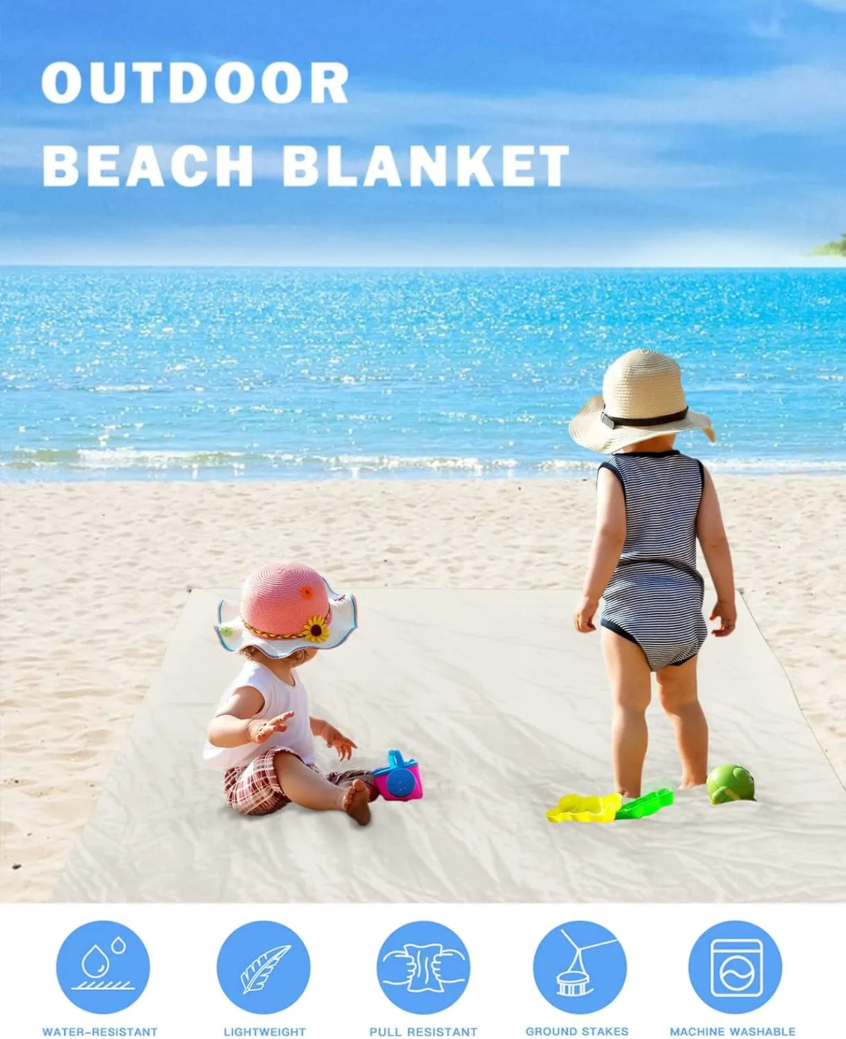 Modern Minimalism Pure Beige Beach Blanket Extra Large 118x108in Outdoor Waterproof Sandproof Picnic Blankets with Stakes Lightweight Beach Mat for Camping Travel Hiking,Cracker Khaki Solid Color