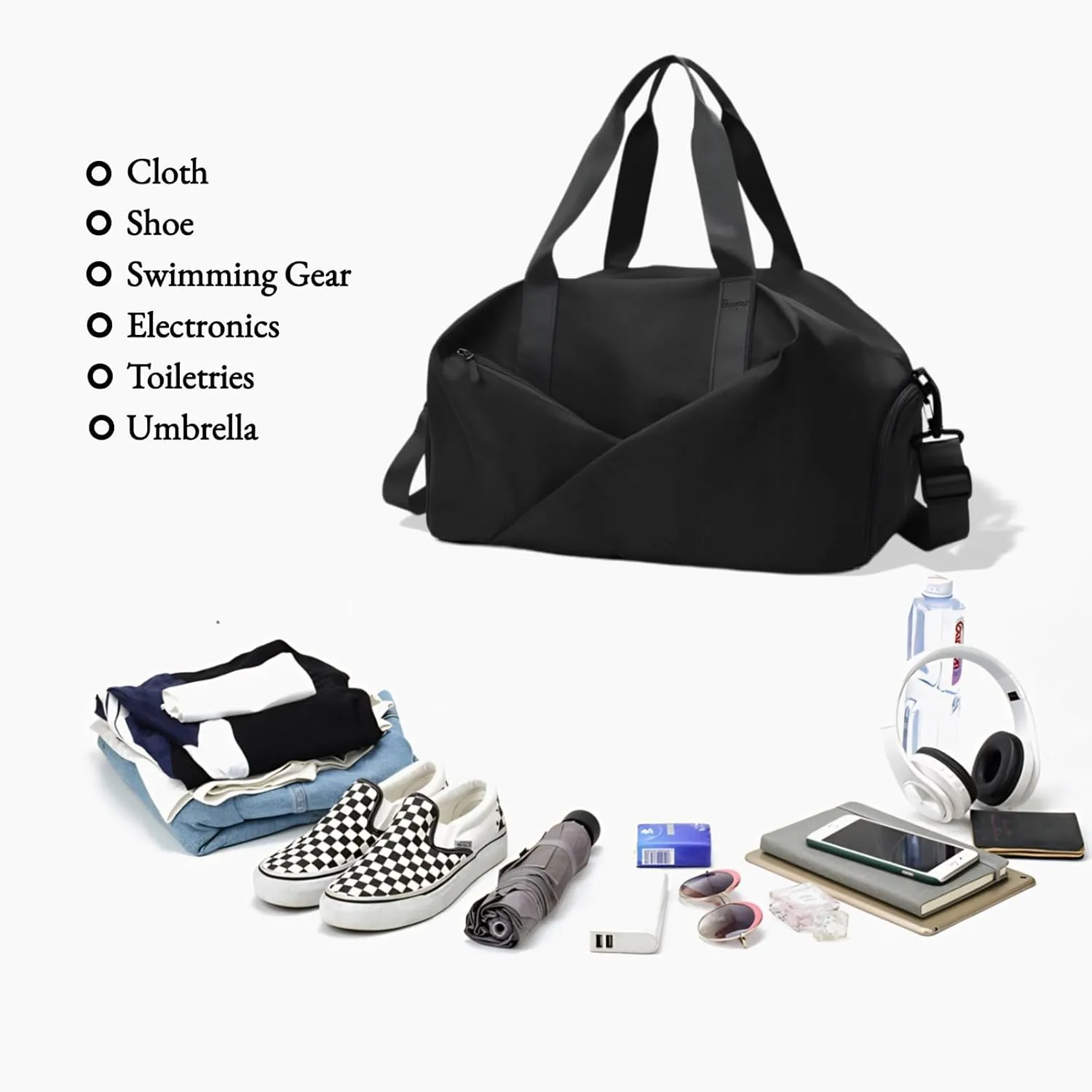 Multi-purpose Sports Bag for Women Stylish Gym Travel and Outdoor Duffle Bag with Wet Dry Compartment and Shoe Storage (Black)