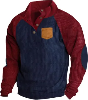 Muscularfit Golf Shirts for Men Long Sleeve Corduroy Pullover Tops Causal Stylish Color Block Button Up Athletic Sweatshirts