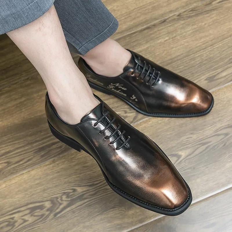 New Dress Oxford for Men Lace Up Retro Square Burnished Toe Pattern Embossed Vegan Leather Rubber Sole Anti-Slip Non Slip Block Heel Prom