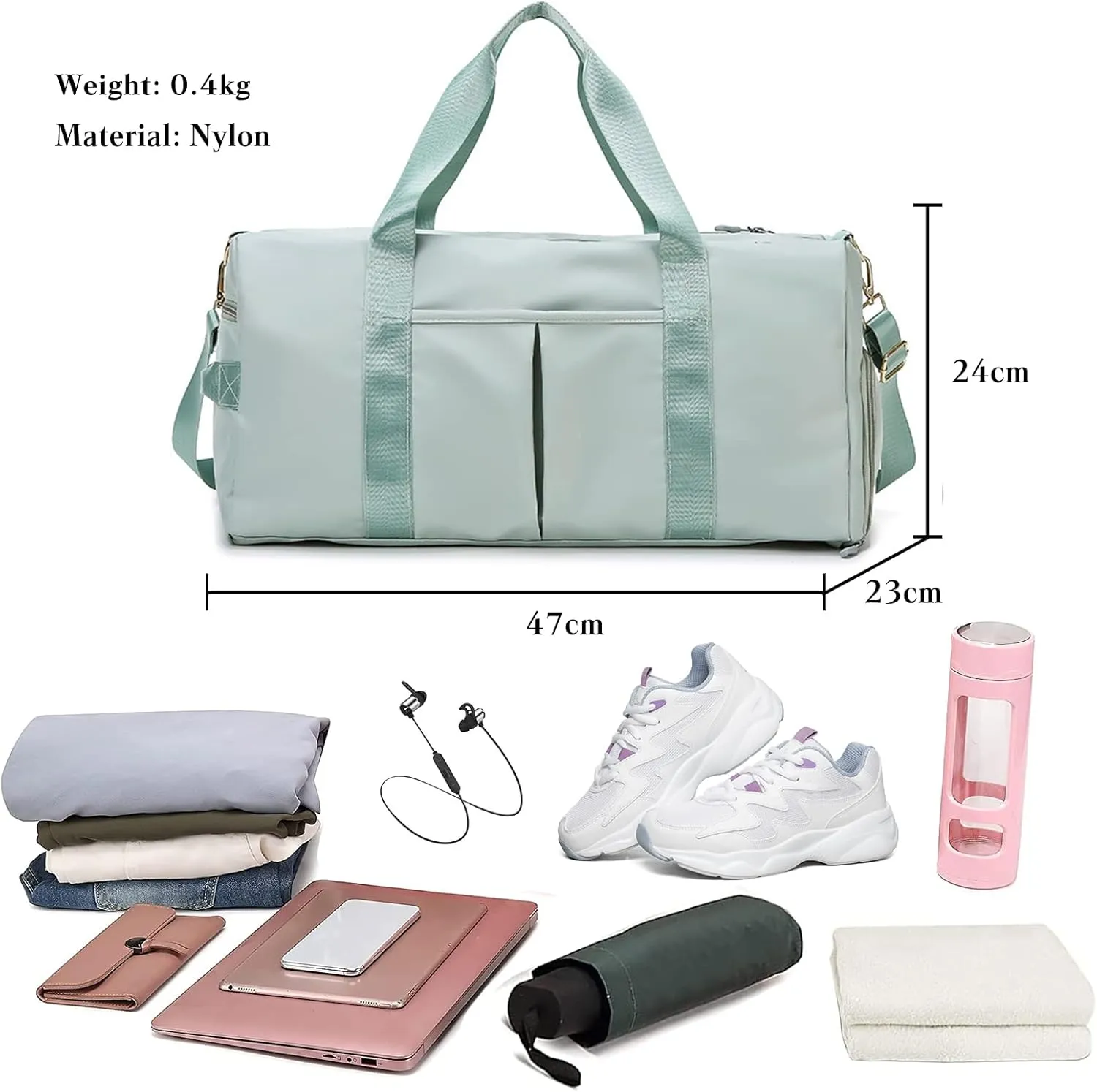 Nylon Travel Duffel Bag Sport Duffel Bag Weekend Shoulder Bag Women/Men Large Gym Tote Bag Ultra-Light Overnight Bag Carry On Luggage Hospital Bag with Shoes Compartment and Wet Pocket Green