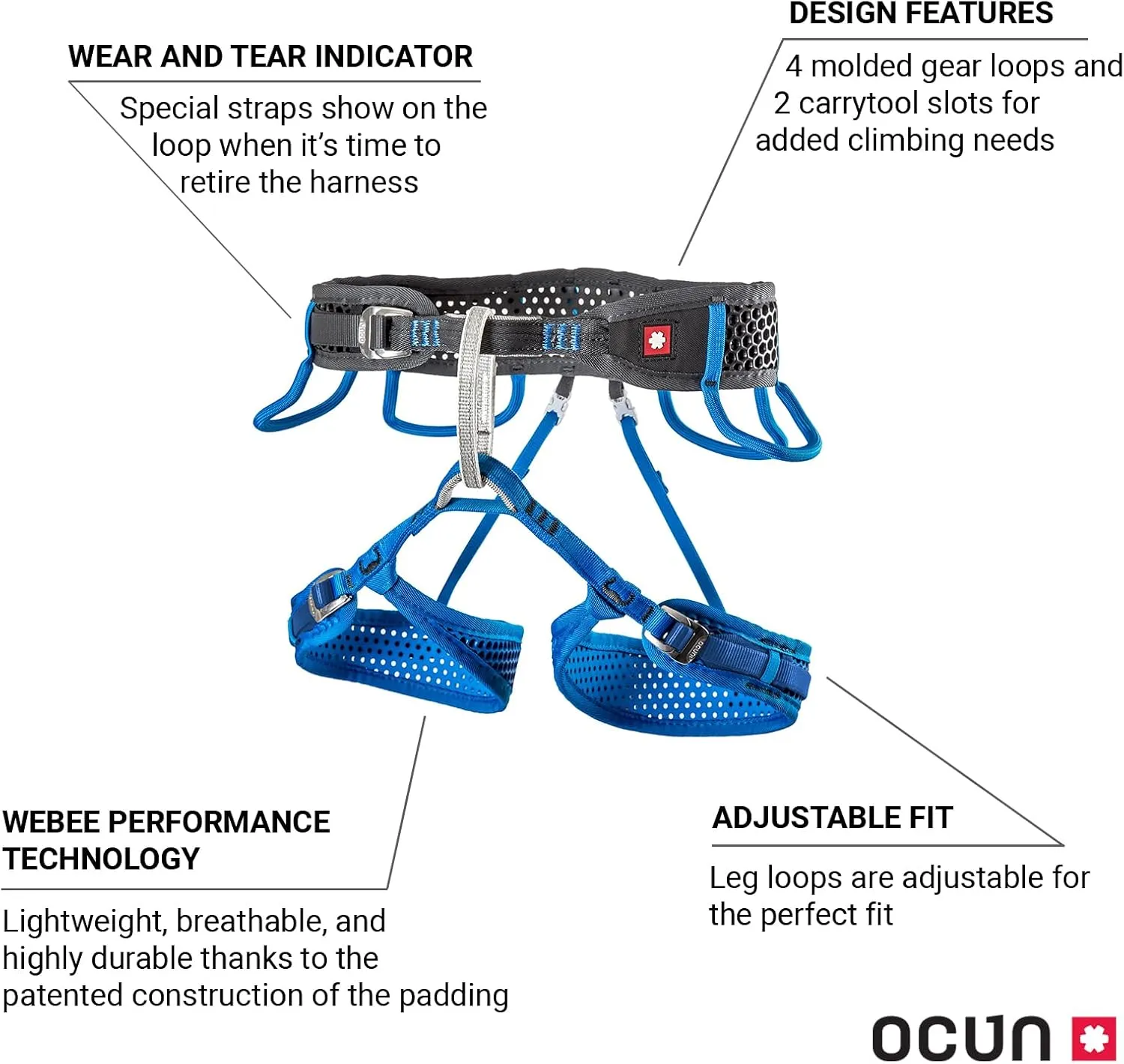 Ocun Webee Rock Climbing Harness, 4 Gear Loop Half Body Safety Harness for Indoor, Big Wall, Trad & Alpine Climbs (3 Buckle)