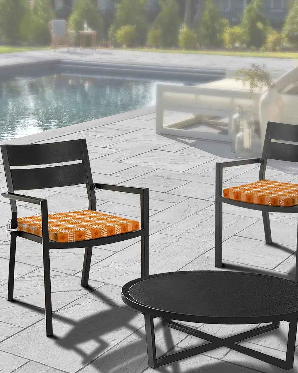 Outdoor Chair Seat Covers, Thanksgiving Day Autumn Leaves Waterproof Cushion Cover Sectional Maple Leaf Check Grid Furniture Protector Slipcovers for Dining Room Party Event Chairs 2 Pack 22x22In