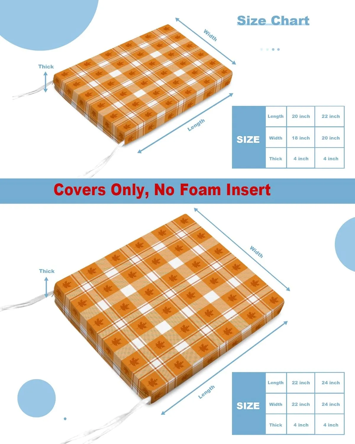 Outdoor Chair Seat Covers, Thanksgiving Day Autumn Leaves Waterproof Cushion Cover Sectional Maple Leaf Check Grid Furniture Protector Slipcovers for Dining Room Party Event Chairs 2 Pack 22x22In