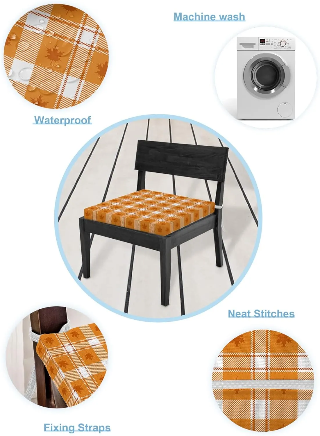 Outdoor Chair Seat Covers, Thanksgiving Day Autumn Leaves Waterproof Cushion Cover Sectional Maple Leaf Check Grid Furniture Protector Slipcovers for Dining Room Party Event Chairs 2 Pack 22x22In