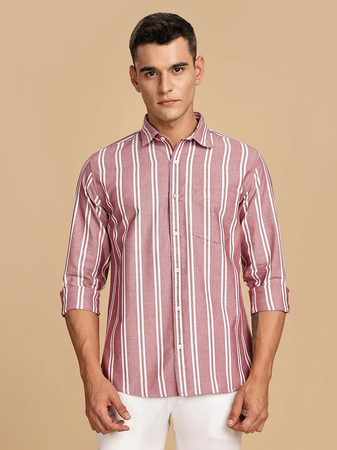 Oxford Maroon Regular Stripes Shirt